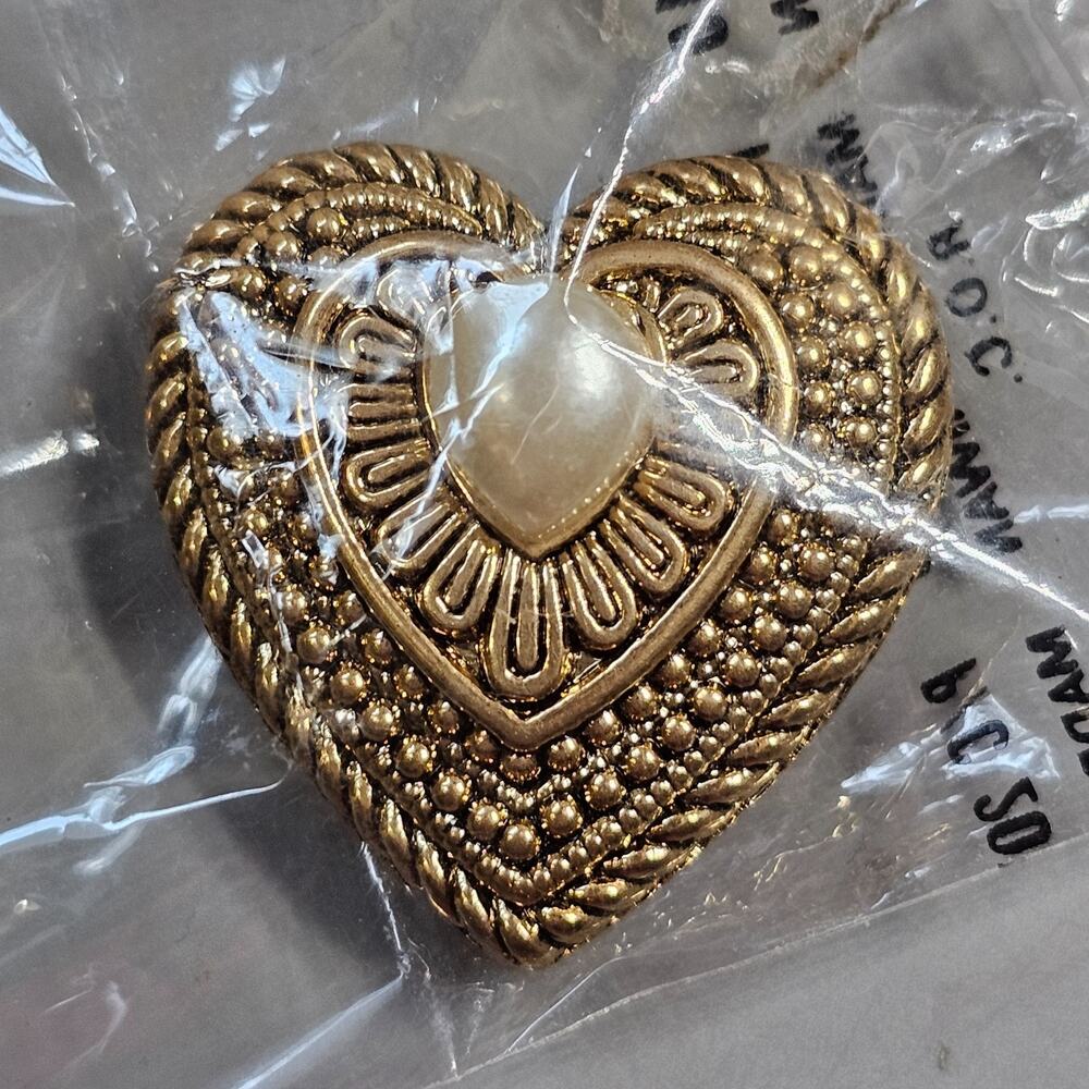 Heart Shaped Faux Pearl Brooch Pin Valentine Ornate Goldtone Taiwan Vintage NOS